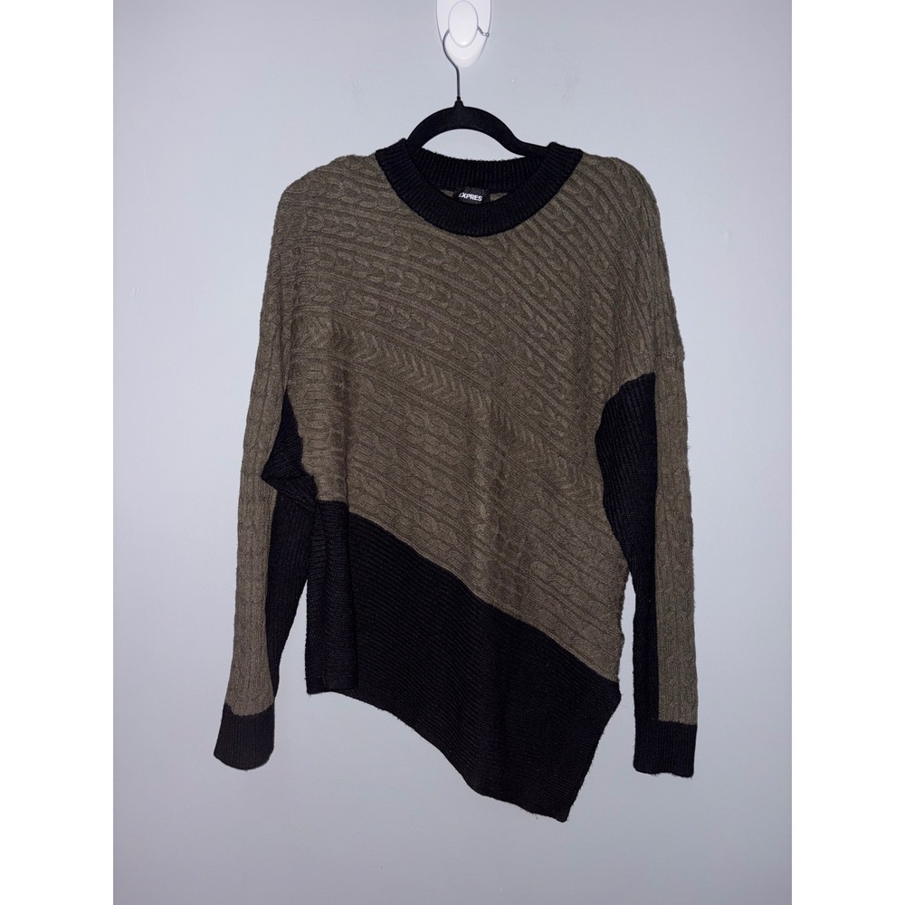 Express Women XL Colorblock Cable Knit Asymmetrical Hem Sweater Olive Black